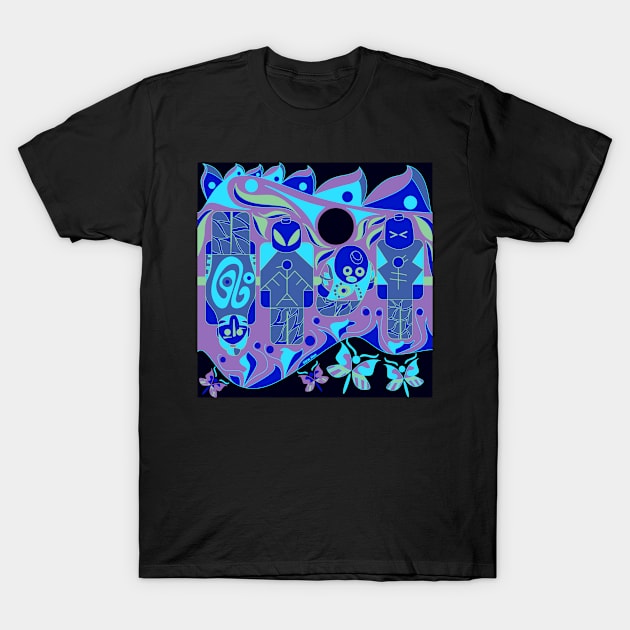 blue maya alien in soccer pattern ecopop T-Shirt by jorge_lebeau